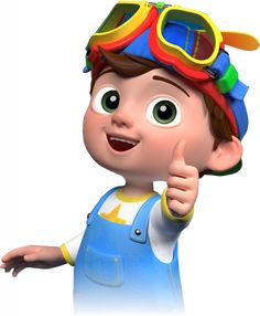 a cartoon boy with goggles on giving the thumbs up sign while wearing overalls