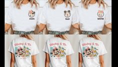 four different pictures of the same person wearing mickey mouse shirts