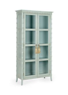 a white cabinet with two glass doors and a ratchet handle on the front door