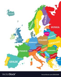 a map of europe with all the major cities and their names in colorful colors on white background