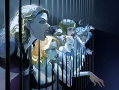 an illustration of a woman in jail with other women behind bars