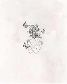 a drawing of a woman with flowers and butterflies around her head