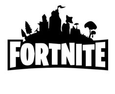 the fortnite logo is shown in black and white, with trees on it