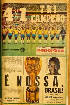 an old newspaper with soccer players and trophies on the front page, in spanish language