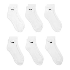 The Nike Everyday Cushioned Quarter Socks feature a ribbed arch band for a snug fit for everyday adventures. The thick terry sole provides comfort and impact absorption for your workouts, and the sweat-wicking fabric keeps your feet dry and comfortable. The straightforward Nike Swoosh on the upper adds a sporty look. Quarter design covers ankle. Dri-FIT technology keeps your feet dry. Reinforced heel and toe for durability. Arch compression offers a snug, breathable fit. Fabric: 71% cotton, 26% White Nike Socls, Nike Socks For Sale, White Nike Socks Pack, Short White Nike Socks, Boys Under Armor White Crew Socks, Nike White Socks Women, White Nike Crew Socks, Nike Quarter Socks, Womens Nike Socks