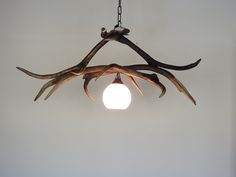 an antler lamp hanging from the ceiling