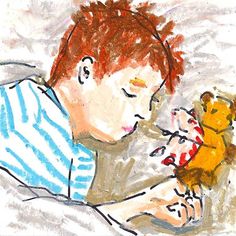 a drawing of a boy holding a teddy bear