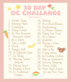 the 30 day oc challenge is in pink and white with an image of a teddy bear