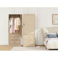 a bedroom with a bed, dresser and clothes hanging on the closet doors in front of it