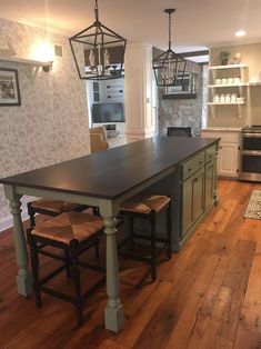 a kitchen with an island and two stools