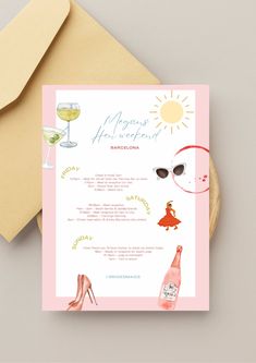 a pink and yellow wedding card on top of an envelope with a bottle of wine next to it