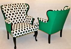 two green chairs with black and white polka dots on them, one is shaped like a chair