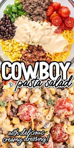 Overhead shot of Cowboy Pasta Salad in a bowl. Pasta Side Dishes Easy, Protein Pasta Salad, Layered Pasta, Taco Pasta Salad, Creamy Pasta Salads, Cold Pasta Salad Recipes, Ranch Pasta Salad