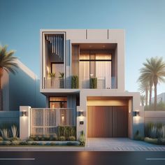 this is an artist's rendering of a two story house in palm trees at dusk