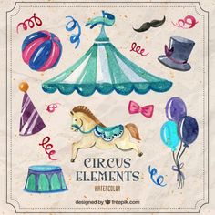 the circus elements are drawn in watercolor on paper