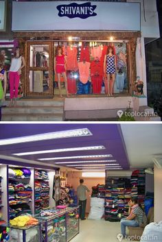 two pictures side by side of people in front of a store with clothes and bags