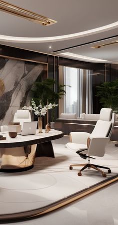 an elegant office with marble walls and flooring, white chairs and a large painting on the wall