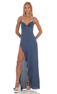 Massena Draped Back Maxi Dress in Navy | LUCY IN THE SKY Prom Dress Inspo, Ruffle Maxi Dress, Prom 2024, Paris Mode, Hoco Dress, Prom Inspo, Lucy In The Sky, Prom Dress Inspiration, Cute Prom Dresses