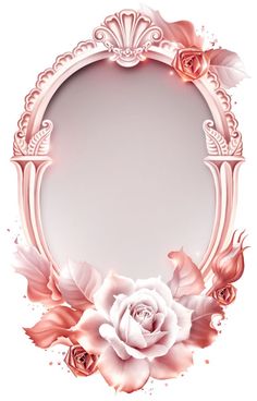 an ornate frame with pink roses and leaves on the edges, in front of a white background