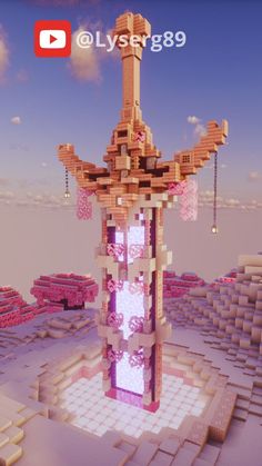 an animated image of a tall tower in the middle of a desert with pink flowers on it