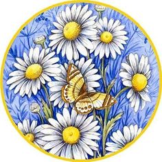 a painting of daisies and a butterfly on a blue background with gold trimmings