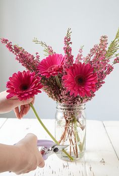 a person is arranging pink flowers in a mason jar on a white table with scissors