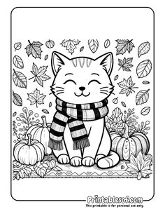 an adult coloring page with a cat wearing a scarf and pumpkins in the background