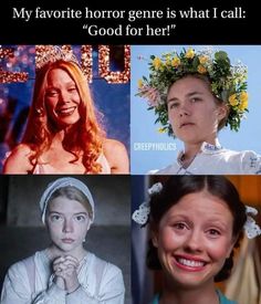 four different pictures of women with flowers in their hair and one woman wearing a flower crown