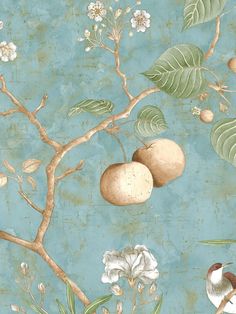 a painting of fruit and flowers on a blue background with green leaves, branches, and birds