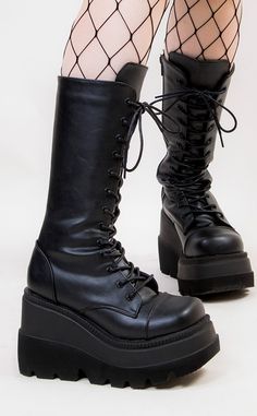 Shaker-72 Wedge Platform Boot-Demonia-Tragic Beautiful Leather Lace-up Platform Wedge Boots, Black Boots Aesthetic, Script Dr, Y2k Heels, Demonia Boots, Leather Platform Boots, Goth Shoes, Goth Boots, Gothic Boots