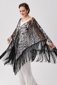 Elegant Shawl For Summer Parties, Glamorous Party Shawl, Elegant Sequin Party Shawl, Elegant Evening Shawl With Sequins, Elegant Black Summer Shawl, Fringed Shawl For Party, Beaded Shawl For Parties, Elegant Summer Shawl With Fringe, Elegant Fringe Shawl For Wedding