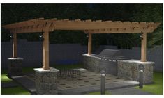 an outdoor kitchen with grill and seating area