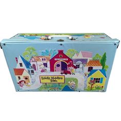 a blue toy box with houses on it