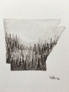 a watercolor drawing of trees in the woods on white paper with black and gray ink