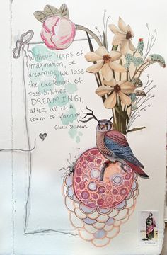 a bird sitting on top of a pink vase filled with flowers next to a poem