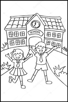 black and white outline drawing of kids in front of a school building with their hands up