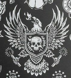 a black and white drawing of an eagle with two skulls on it's back