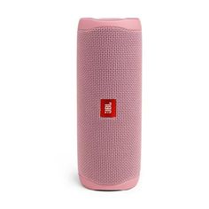 the jbl flip 3 portable bluetooth speaker is pink and has a red logo on it