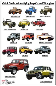 an image of jeeps with different colors and sizes on them, including the jeep's