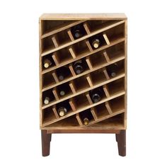 a wooden wine rack filled with lots of bottles