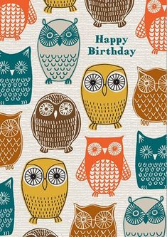 an owl birthday card with colorful owls on it