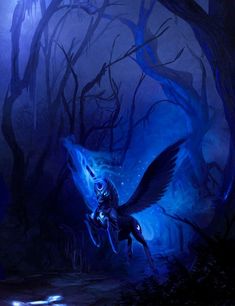 a person riding on the back of a horse in a forest at night with blue lights