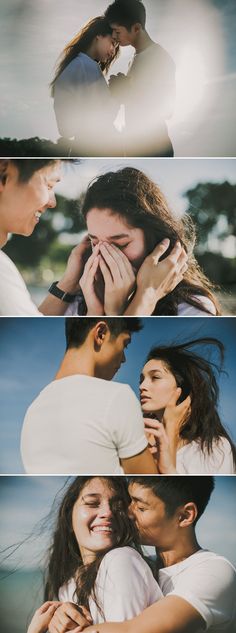 two people are hugging each other and one is holding the other's face in front of them