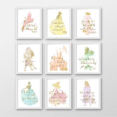 six disney princess wall art prints in various colors