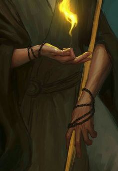 a painting of a man holding a staff with a glowing torch in his hand,