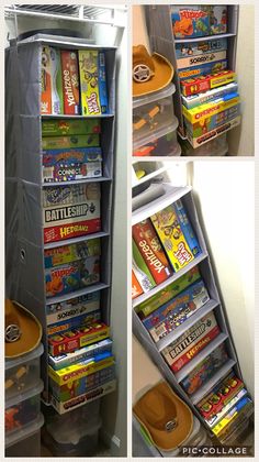 the inside of a refrigerator filled with toys and books in bins on top of each other