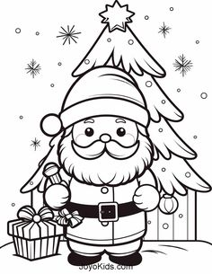 santa claus with presents under the christmas tree coloring pages for kids printable and color