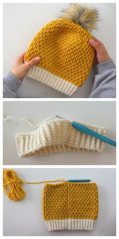 two pictures showing how to make a knitted hat