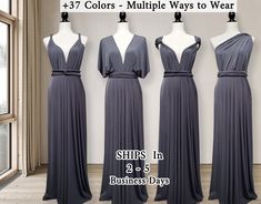 three dresses on mannequins with multiple ways to wear them