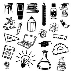 black and white illustration of school related items such as books, pens, pencils, etc